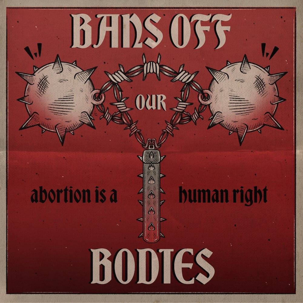 Bans Off Our Bodies illustration with two spike ball and chains and a red background.