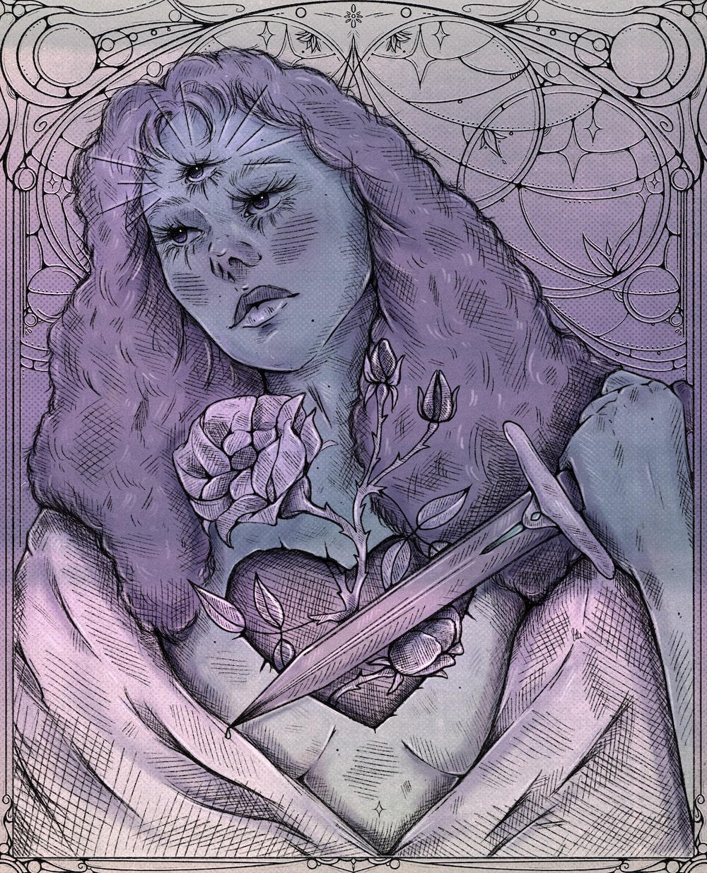 Healing, Growing, Evolving illustration of a purple woman with a third eye, holding a dagger in her hand with a purple rose growing out from the heart-shaped hole in her chest.