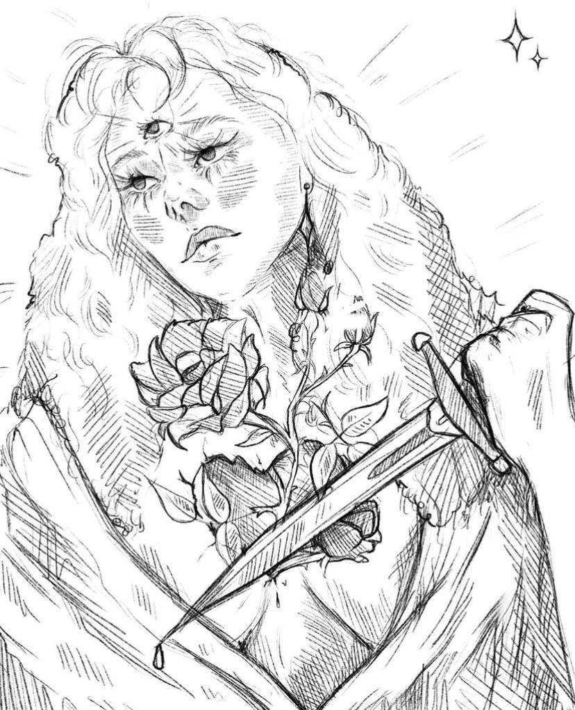 Quick sketch of a woman with a third eye and a rose growing out of the heart shaped whole in her chest. She's guarding it protectively with a dagger.