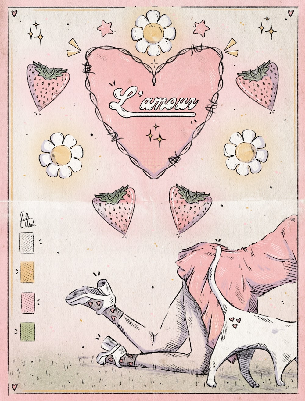 L'amour illustration with a woman in a pink dress kneeled down beside a cat on a French inspired poster from the 70's. Above them are yellow daisies and pink strawberries in the shape of a heart above them and typography that says 'L'amour'. inside a barbwire heart.