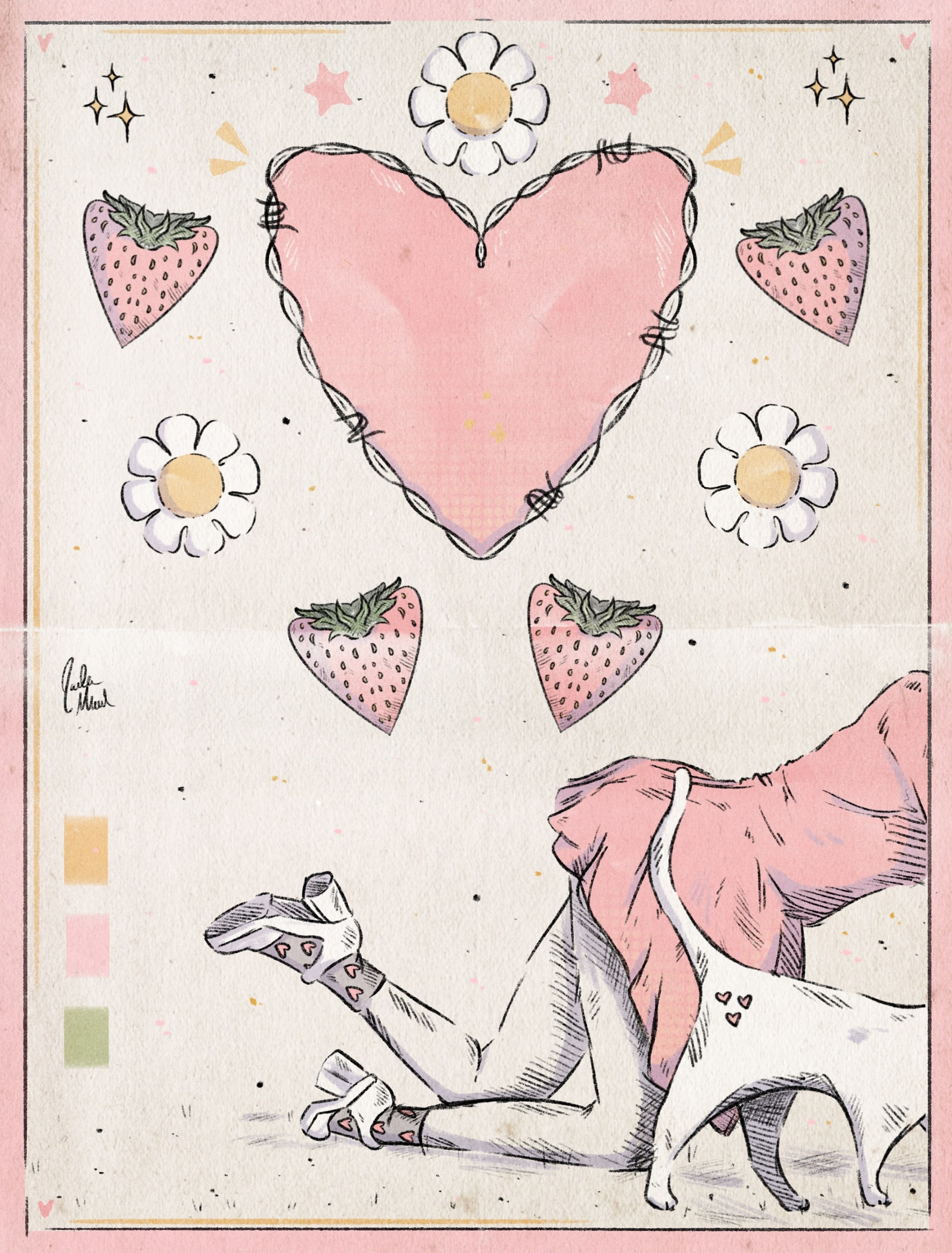 Quick sketch of a woman in a dress kneeled down beside a cat with daisies and strawberries in the shape of a heart above them. A barbwire heart, colors with shadows, and a border are now added.