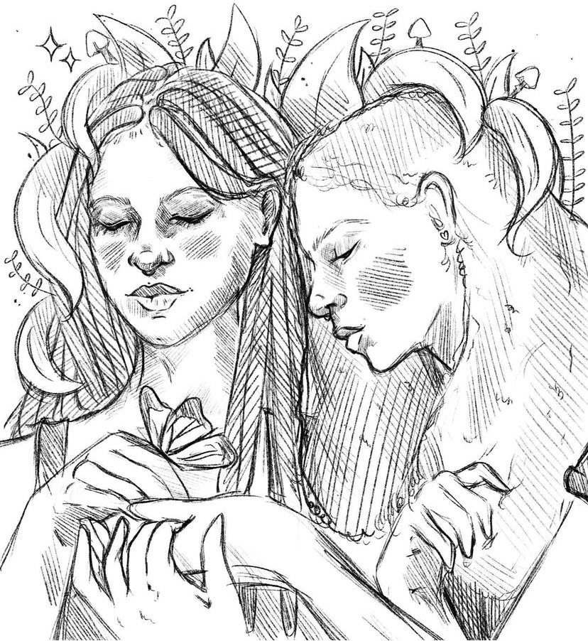 Quick sketch of two close women in a garden admiring a butterfly in one's hand.