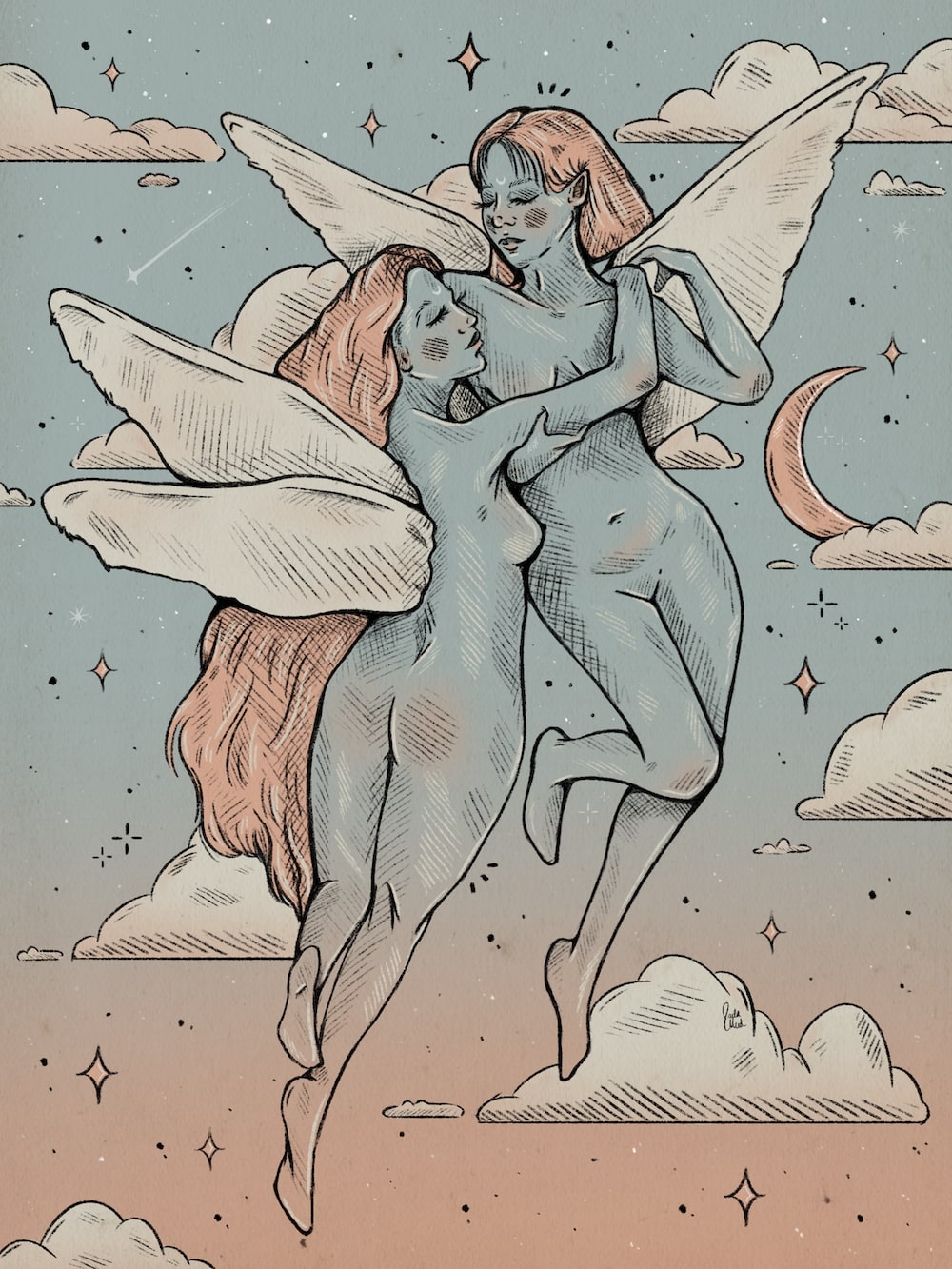 The Angels illustration with two blue angels holding each other in the blue and pink sky.