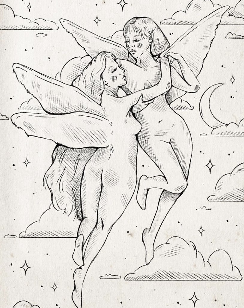 Detailed sketch is refined with cleaner lines of two figures of angels in the sky holding on to one another with a sky in the background.