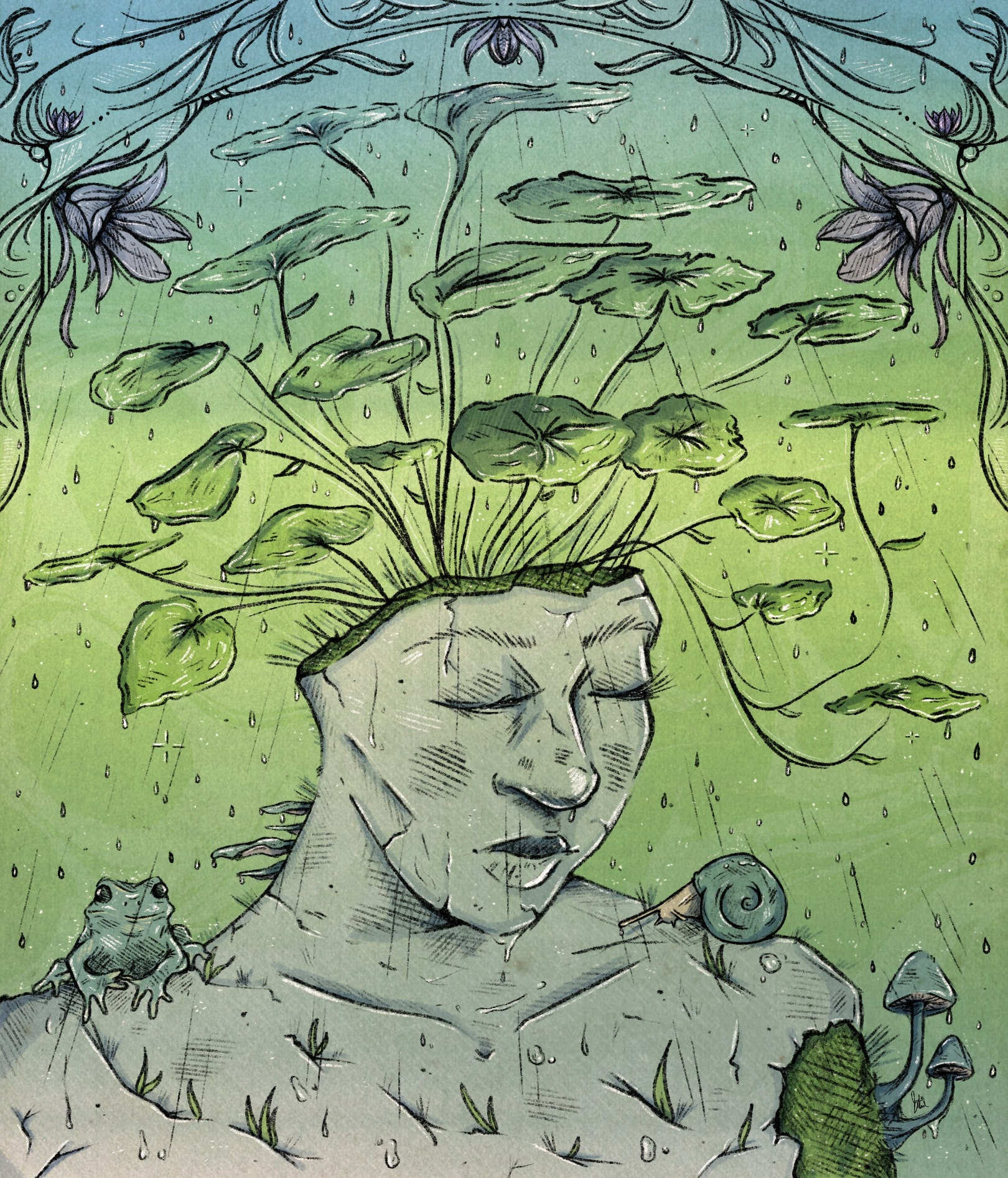 The Rain illustration with a grey stone planter in the figure of a woman with green plants growing out the top of the head. Snails, mushrooms, and frogs are found while it's raining.