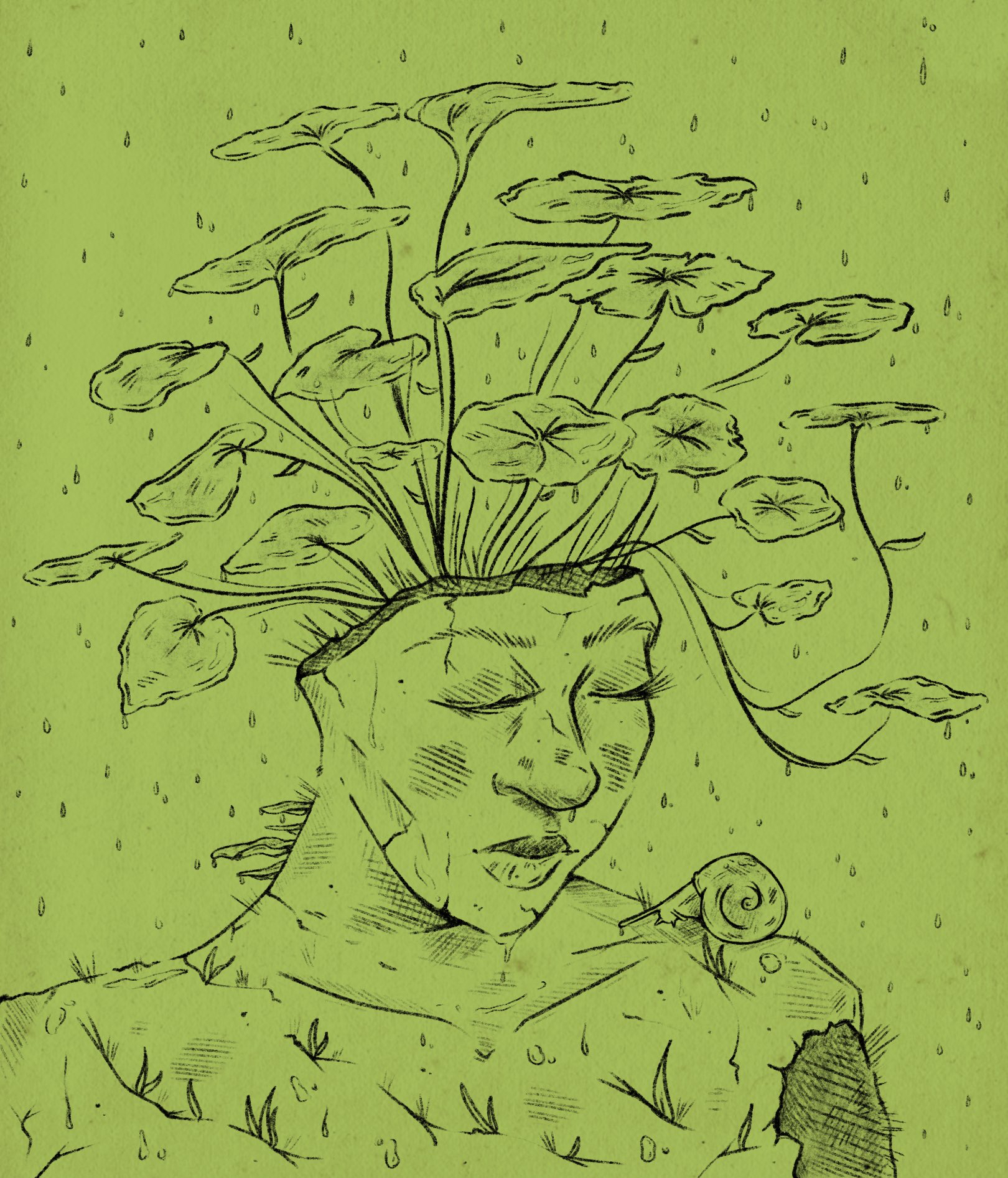 Basic sketch of a stone woman planter with plants growing out the head on a rainy day. A snail and mushrooms accompany the planter. The background is green.