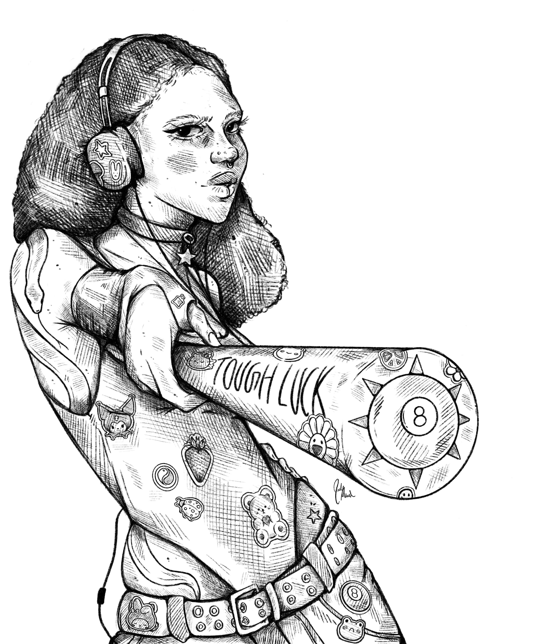 Sketch of a young fiece video game character that wears a set of headphones and points a bat toward the viewer of the piece. Stickers are decorated all over the character.