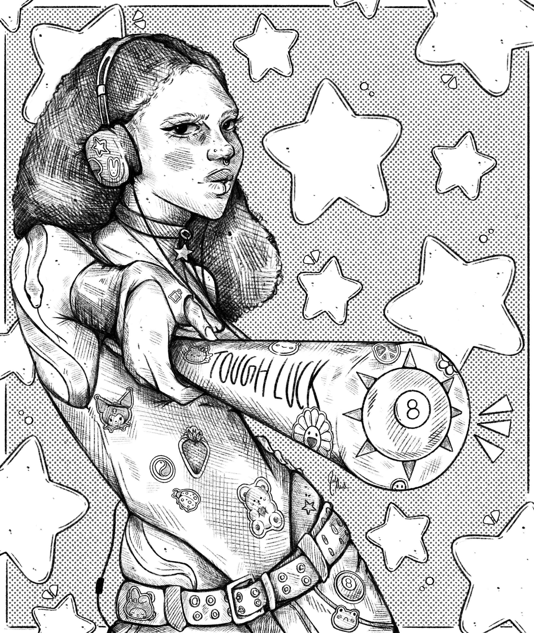 Refined sketch of a young fiece video game character that wears a set of headphones and points a bat toward the viewer of the piece. Stickers are decorated all over the character. A background of stars and halftone textures are added to the illustration.